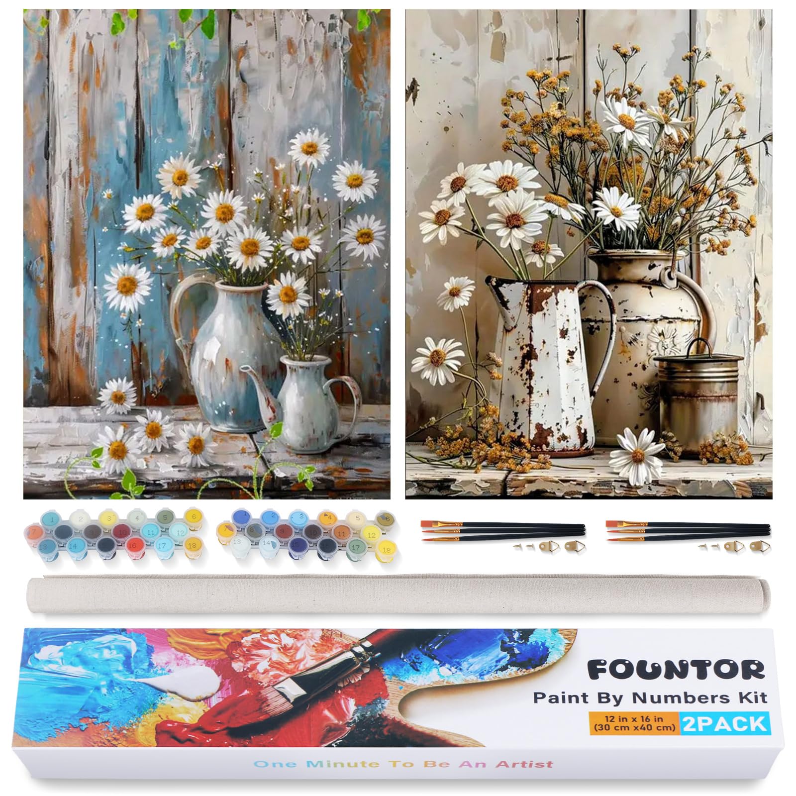 Photo 1 of 2 Pack Paint by Numbers Kit for Adults Rolled Canvas, Flowers Adult Paint by Number Kits, Acrylic DIY Flower Oil Painting by Numbers for Beginner Gift Home Decor 12” W x 16”L