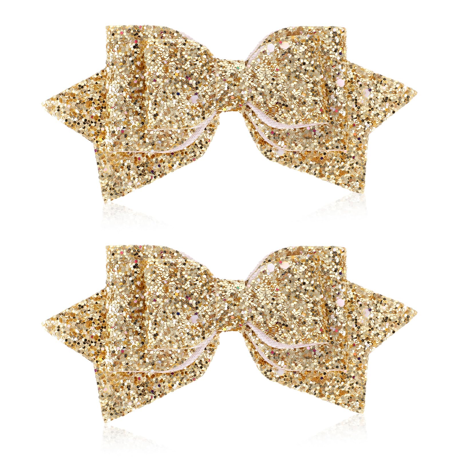 Photo 1 of 2 Pcs Gold Hair Bow Clips, 5 Inch Glitter Hair Bows for Girls Sparkly Double Bowed Accessories Glitter Sequin Boutique Head Clip Delicate Satin Headwear Set for Birthday Wedding Party Back School Gift