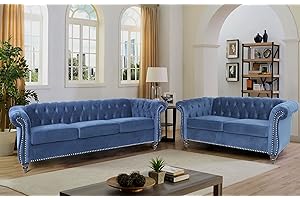 RARZOE Modern 2 Pieces Living Room Sofa Set, Contemporary Tufted Button Velvet Chesterfield Three-Seater Couch and Chesterfield Loveseat with Nailhead Trim Scroll Arms for Living Room (Blue)