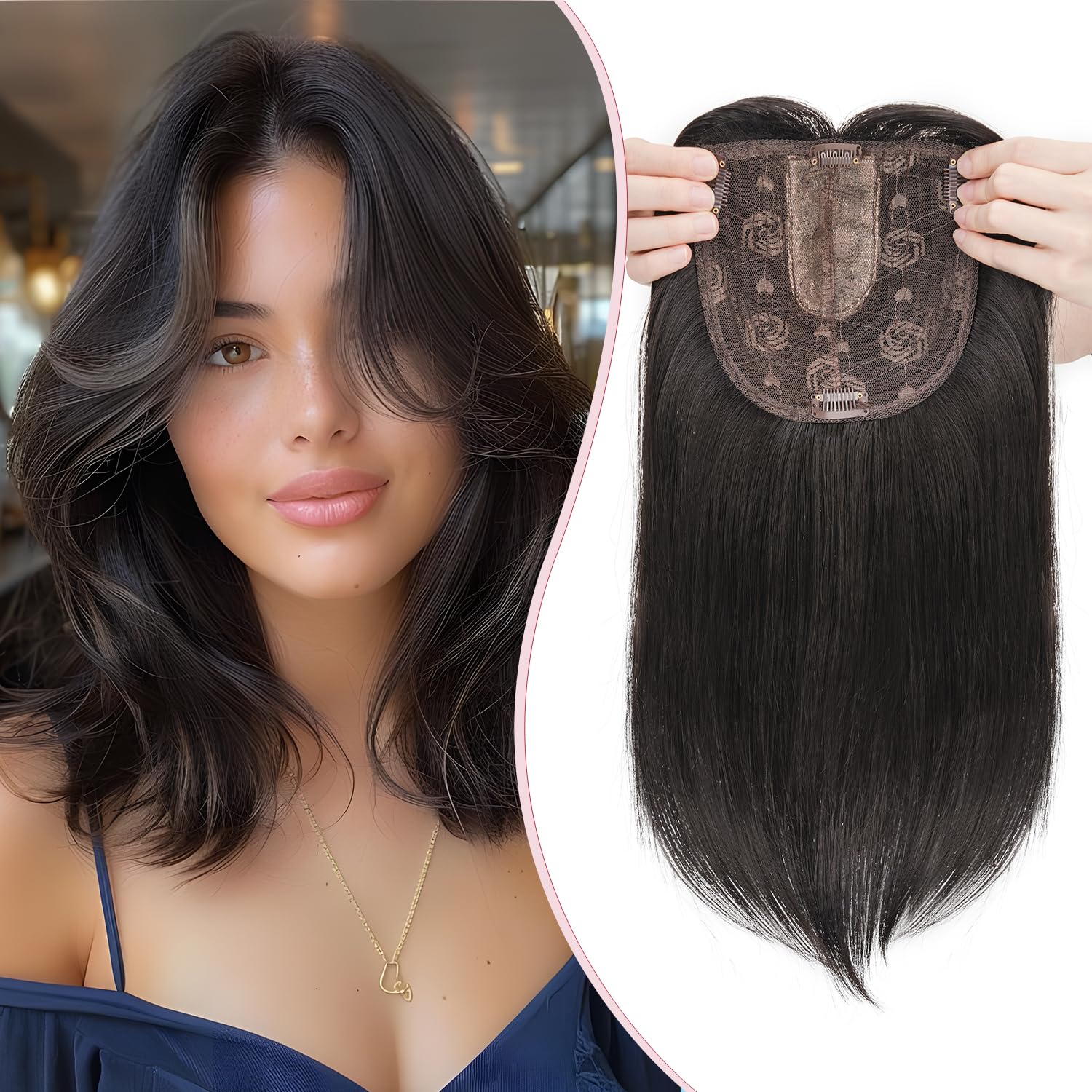 S-noilite Hair Toppers for Women with Thinning Hair 14 Inch Toppers Hair Pieces Women Wiglets with Fringe Bangs 6"x6" Lace Base Clip in Synthetic Hairpieces,Straight Dark Brown