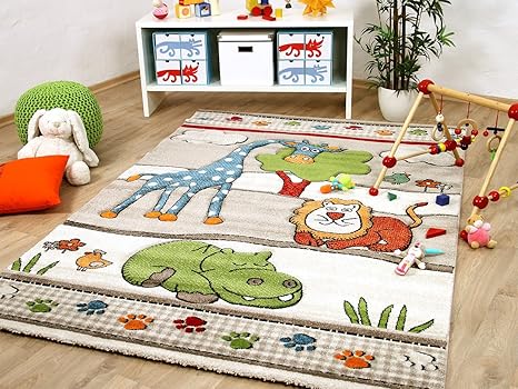 Kinder und Spiel Teppich Savona Kids Lustige Zoowelt Beige in 5 Größen