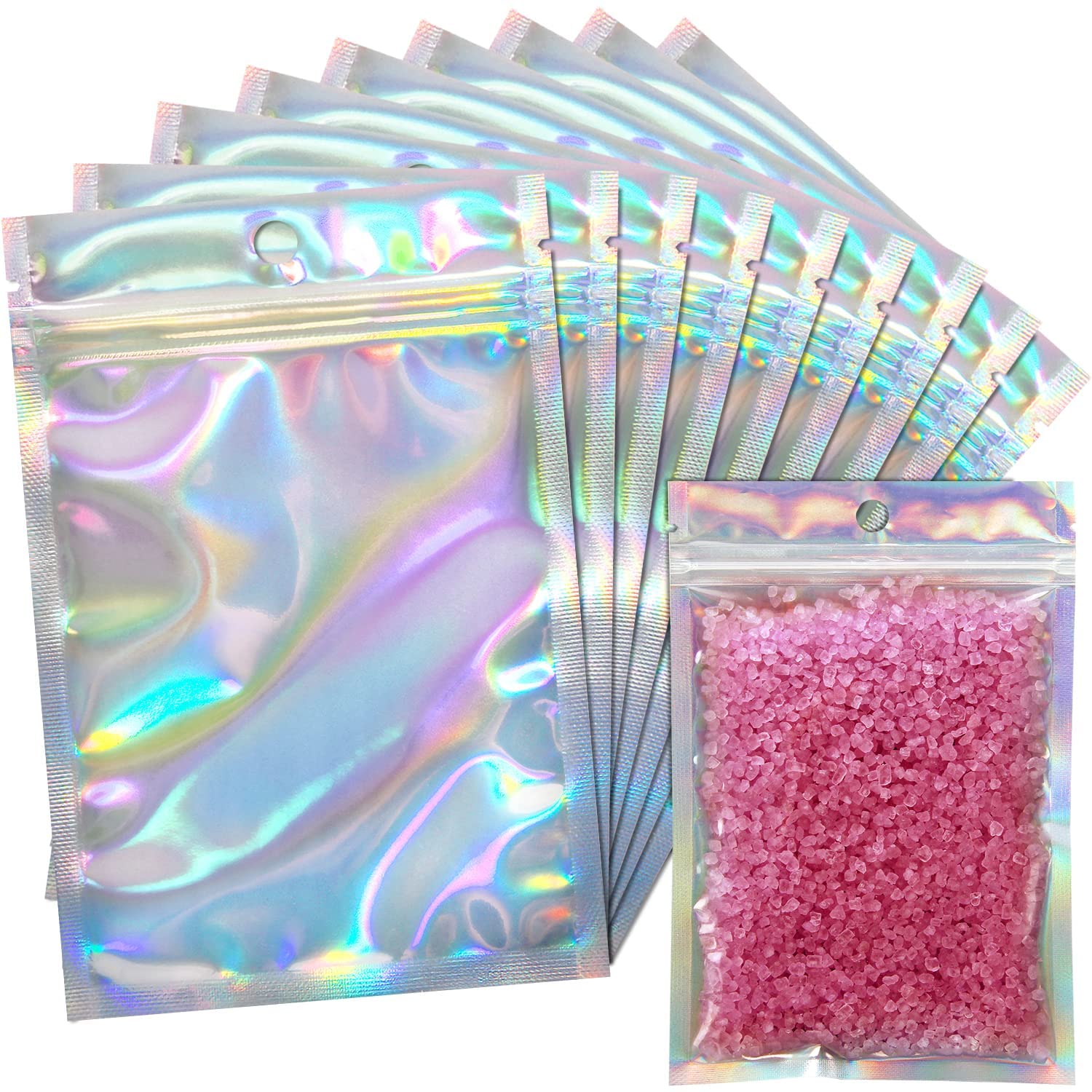 Photo 1 of EgticLive 100 Pack Resealable Holographic Bags for Small Business, Iridescent Mylar Bags with Clear Front Smell Proof Foil Packing Pouches for Multipurpose Storage (5.5 X 7.9 inches)