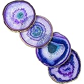Nature's Decorations Purple Gold Rimmed Agate Stone Coasters - Set of 4, Polished Geode Drink Mats for Dining & Coffee Table & Kitchen Geode Decor Non-Toxic 4.5-5" Diameter