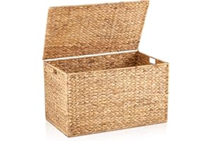 Wonderjune 30 x 17.5 x 17.5 Inch Water Hyacinth Wicker Storage Trunk with Metal Frame, Heavy Duty Storage Chest with Lid Large Rattan Basket for Blankets, Seasonal Clothes, Extra Bedding (Natural)