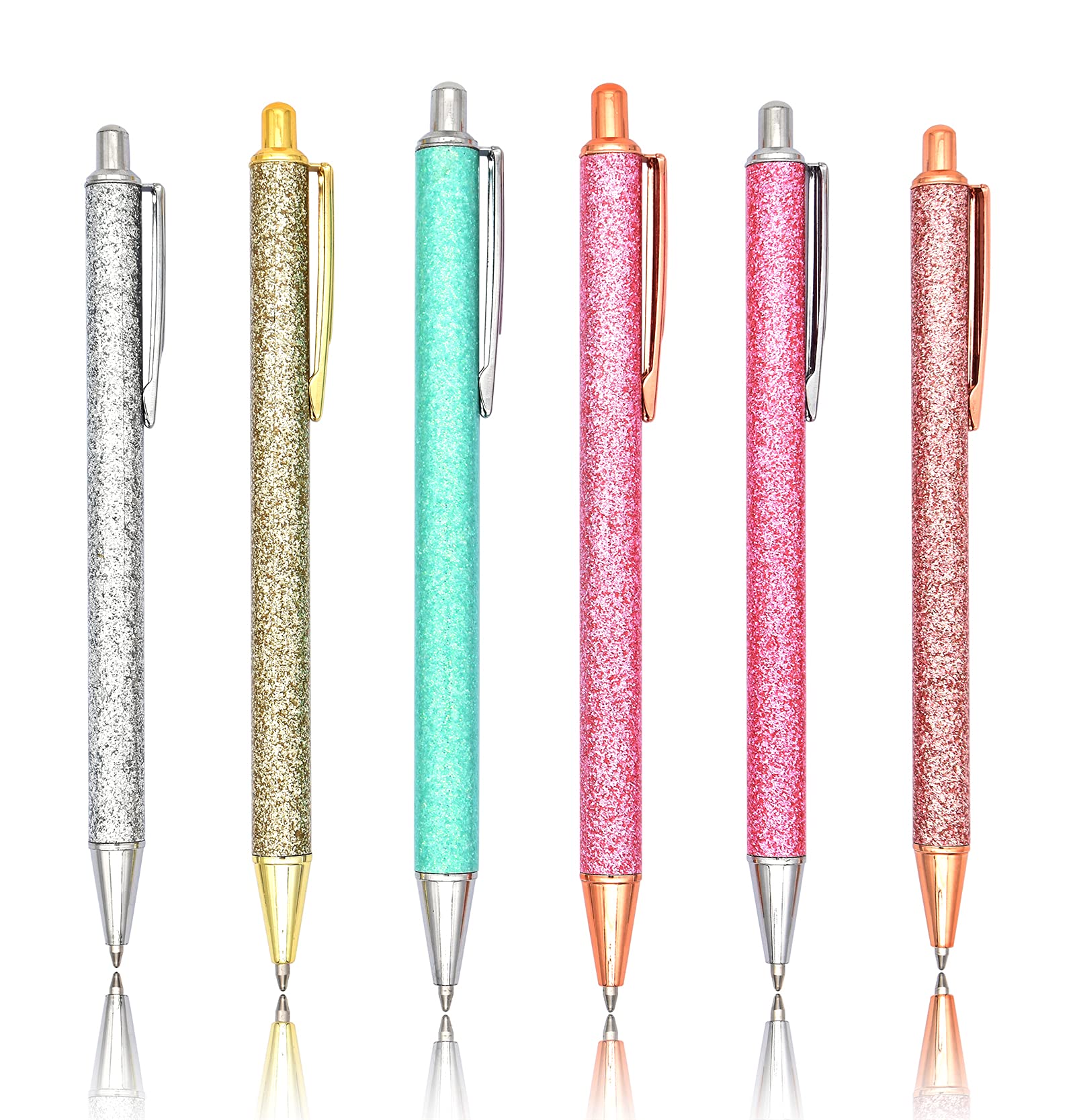 Gullor 6 Pieces Glitter Metal Black Ink Retractable Ballpoint Pen Bling Rose Gold Clip for School Business Office, Style A
