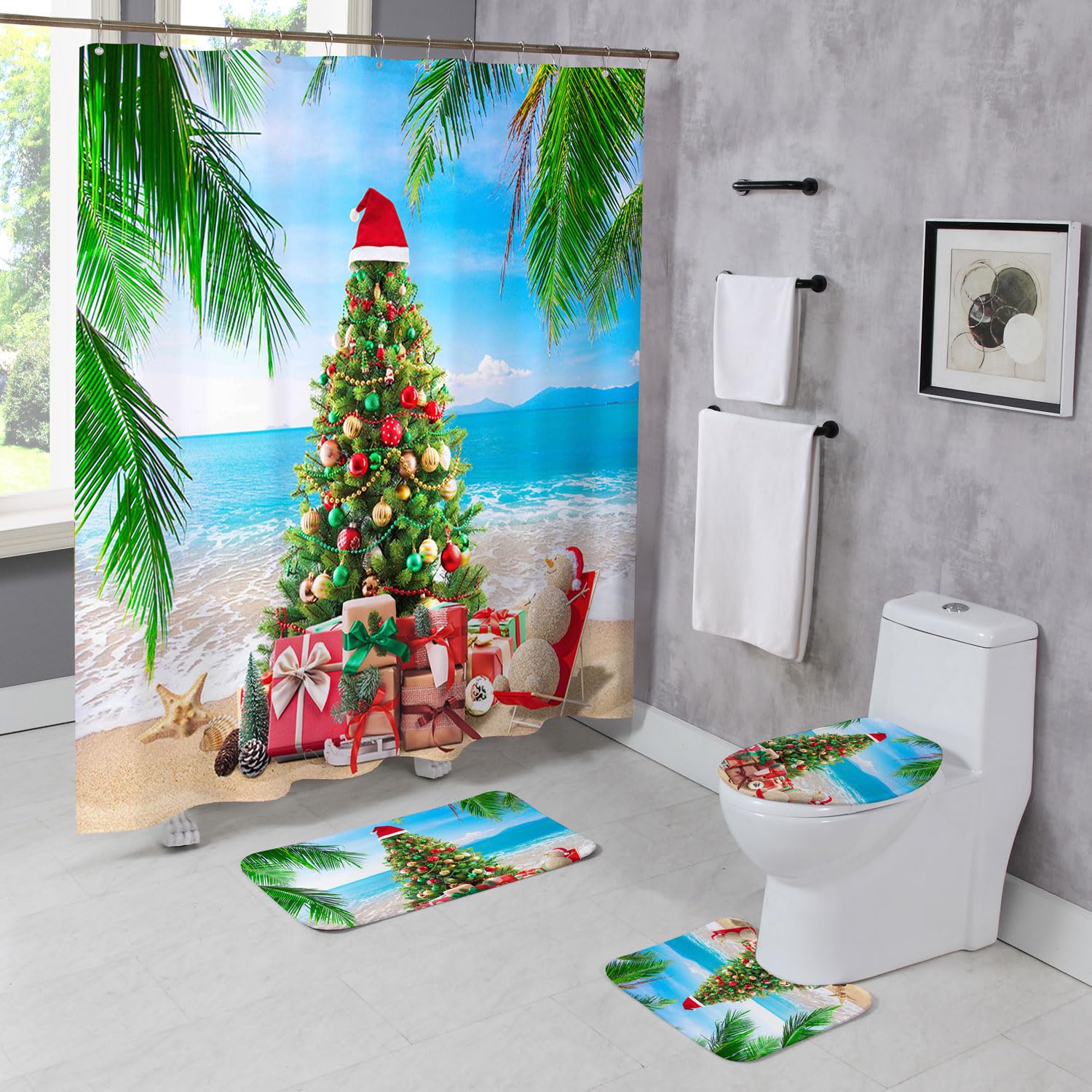 Moladika 4 Pcs Summer Christmas Shower Curtain Sets Home Bath Bathtub Decor Christmas Tree ...