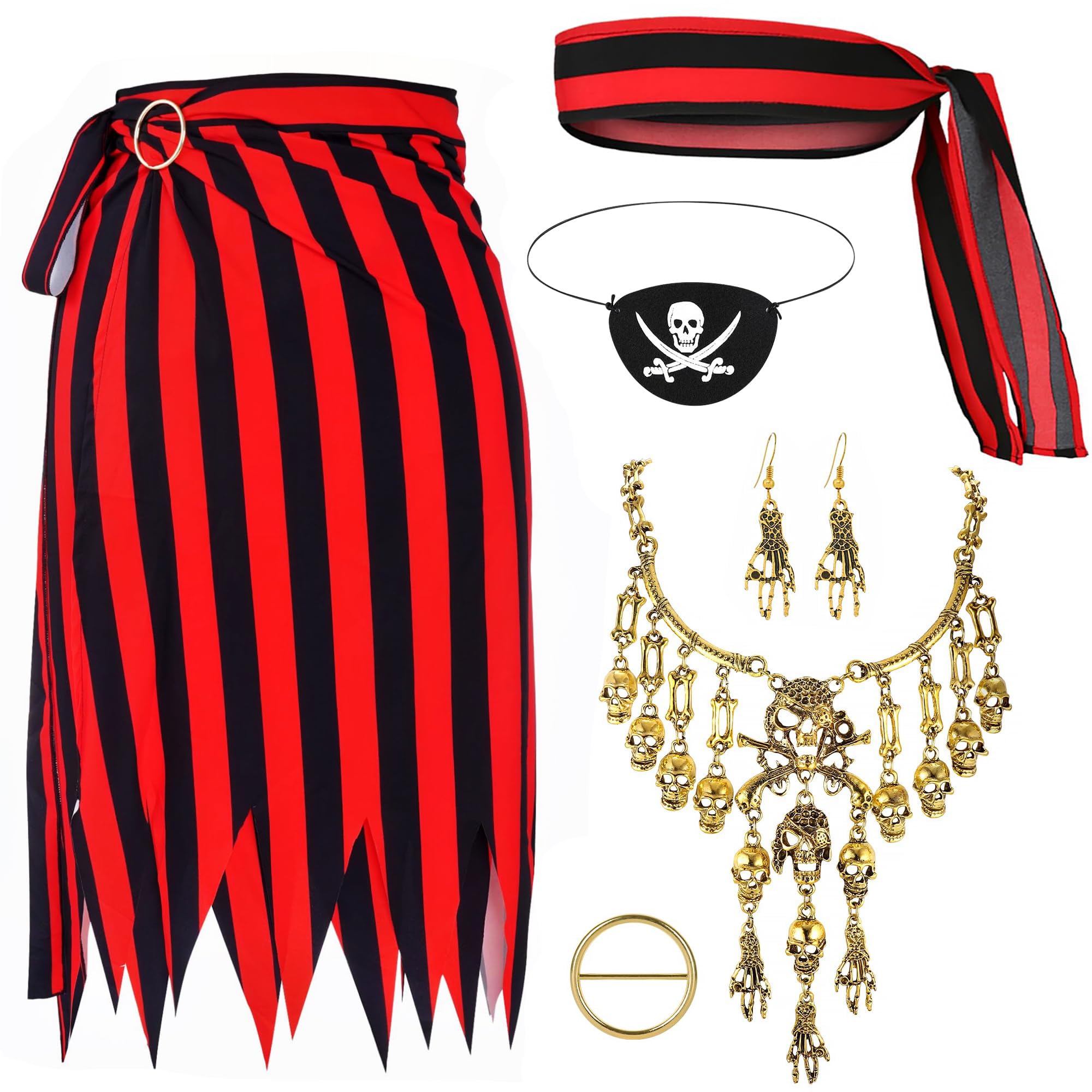 Vifcotlyp Women Pirate Costume, Pirate Accessories with Skirt Head Scarf Eye Patch Necklace Earring Pirates Outfit for Halloween Cosplay(5PCS)