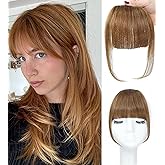 MYMYDA Clip in Bangs Light Brown Color 100% Real Human Hair Wispy Clip on Bangs Extensions Fringe with Temples Hairpieces for Women