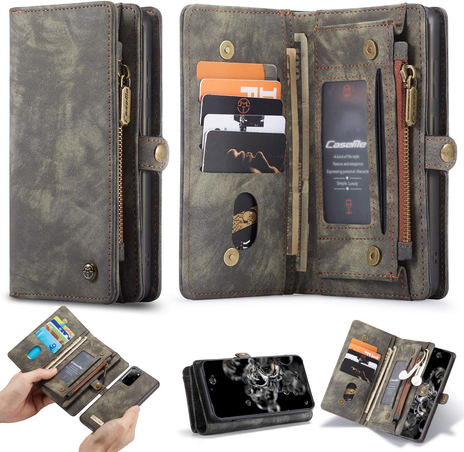 ANROD Detachable Leather Wallet Case for Samsung Galaxy S20 Plus,CaseMe Magnetic Closure 2-in-1 Flip TPU Shockproof Zipper Purse Back Cover with Card Slots (Black)