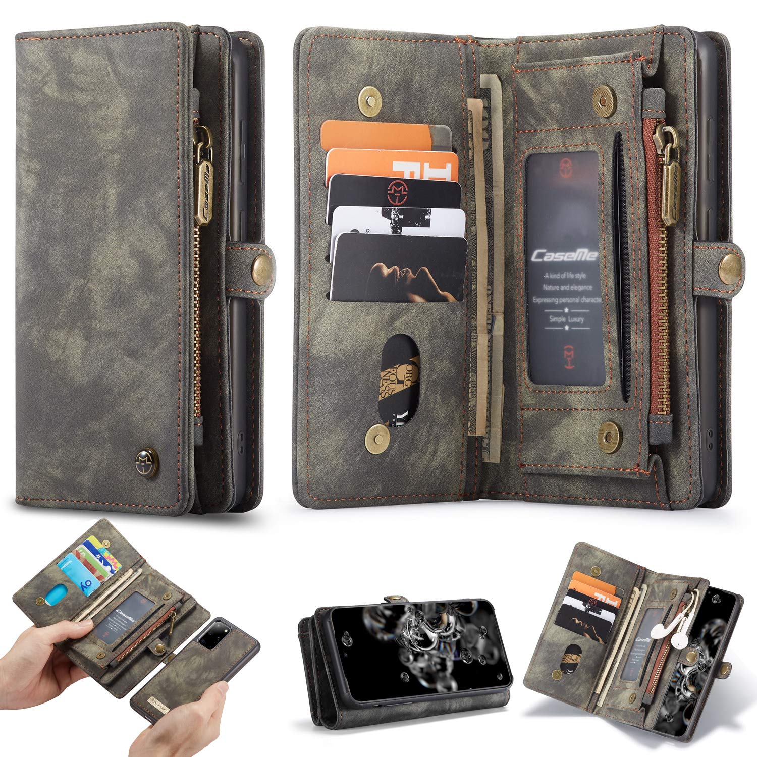 ANROD Detachable Leather Wallet Case for Samsung Galaxy S20 Plus,CaseMe Magnetic Closure 2-in-1 Flip TPU Shockproof Zipper Purse Back Cover with Card Slots (Black)