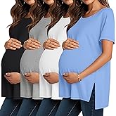 Baggyfly 4 Pack Maternity Shirts Split Side Cotton Pregnancy Tops Loose Fit Crewneck Short Sleeve Casual Maternity Clothes