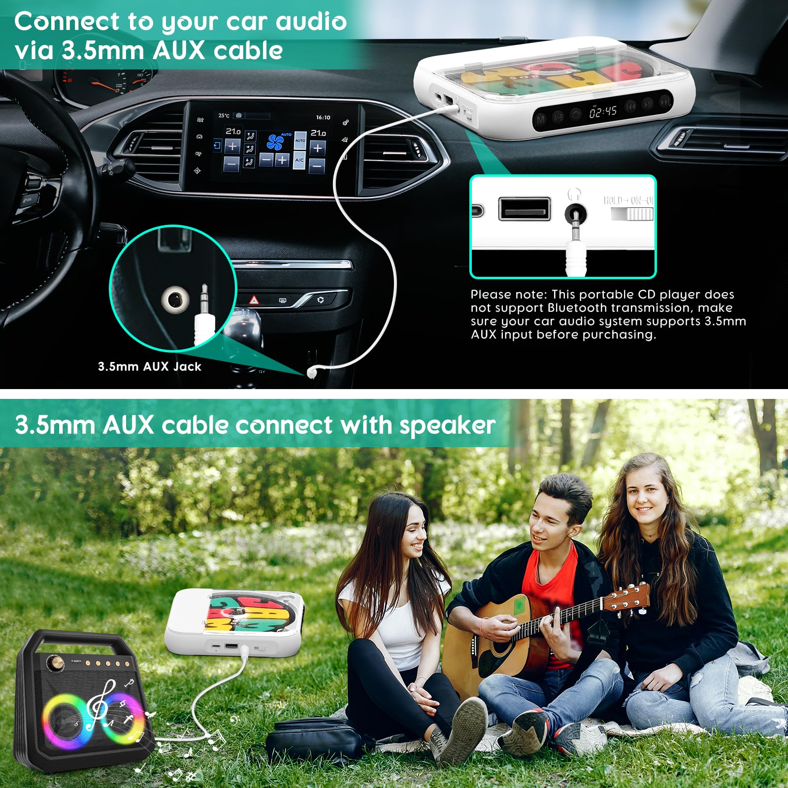 Portable CD Player with Bluetooth, Rechargeable CD Player for Home/Car, Built-in HiFi Speakers, Headphones, LCD Screen, Supports CD/AUX/USB and Repeat Modes, White