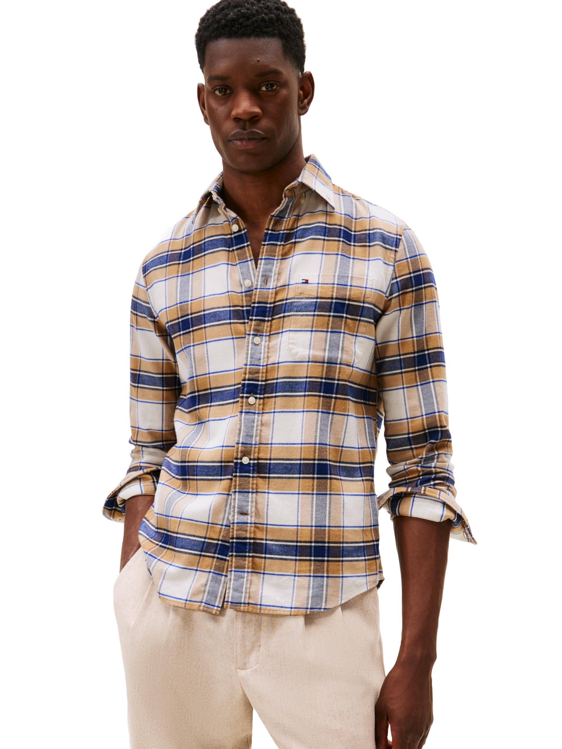 Tommy Hilfiger Men's Flanel Tartan Check Regular Long Sleeve Shirts, Safari Canvas/Check XX-Large Image