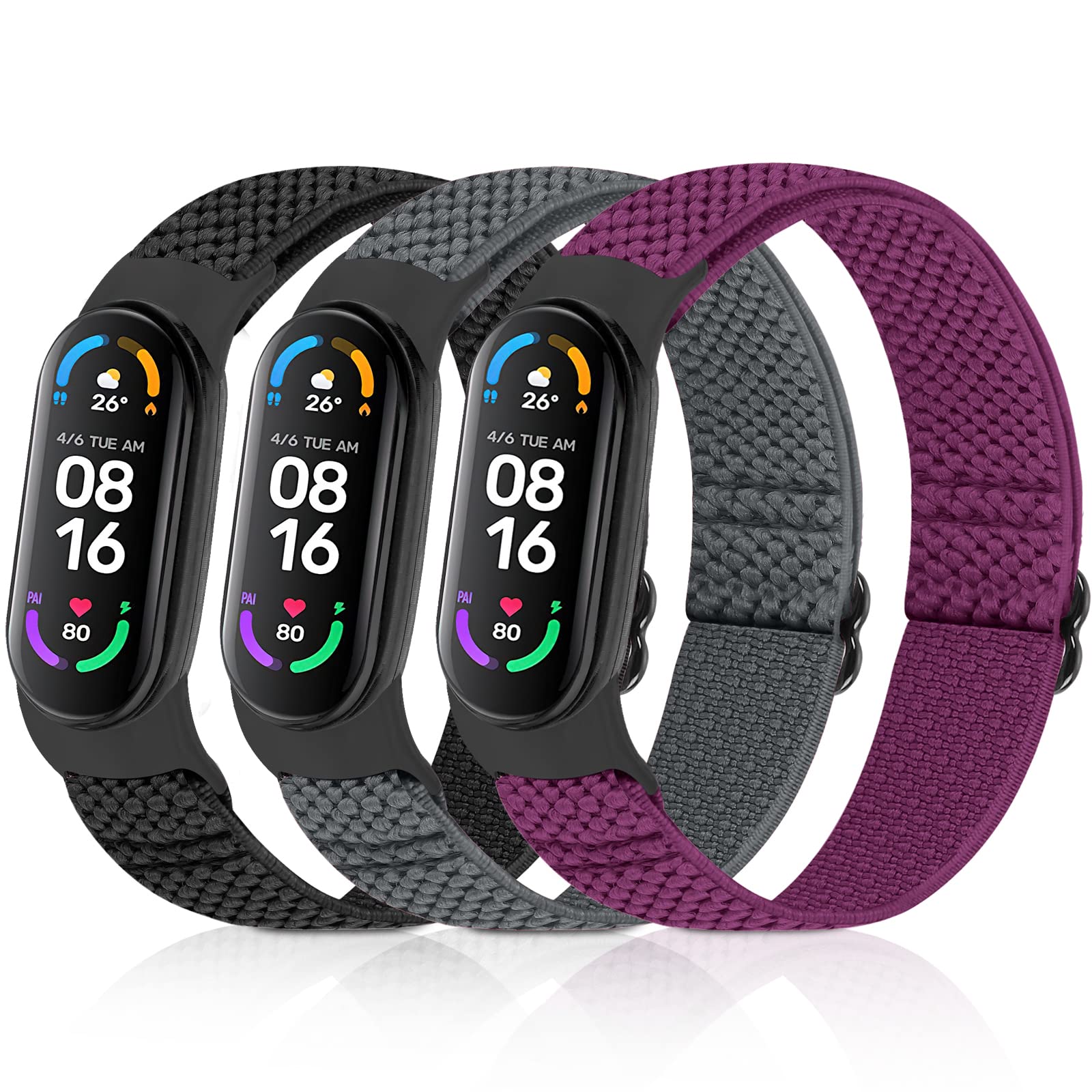 Enkic Elastic Adjustable Watch Straps - Compatible with Xiaomi Mi Band 7/6/5 - Stretchy Nylon Loop Replacement Sport Wristband for Women & Men