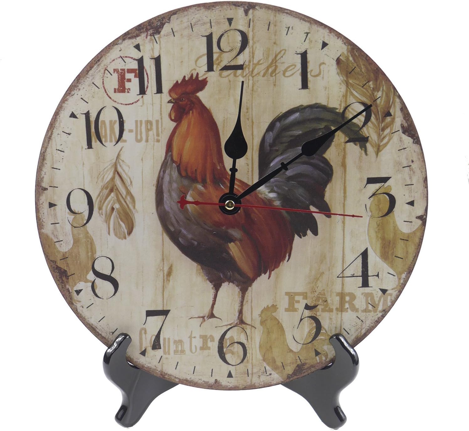 12" Oil Painting The Cock Round Wall Clock Fiber Board Wood，Country Style Family Style (1)