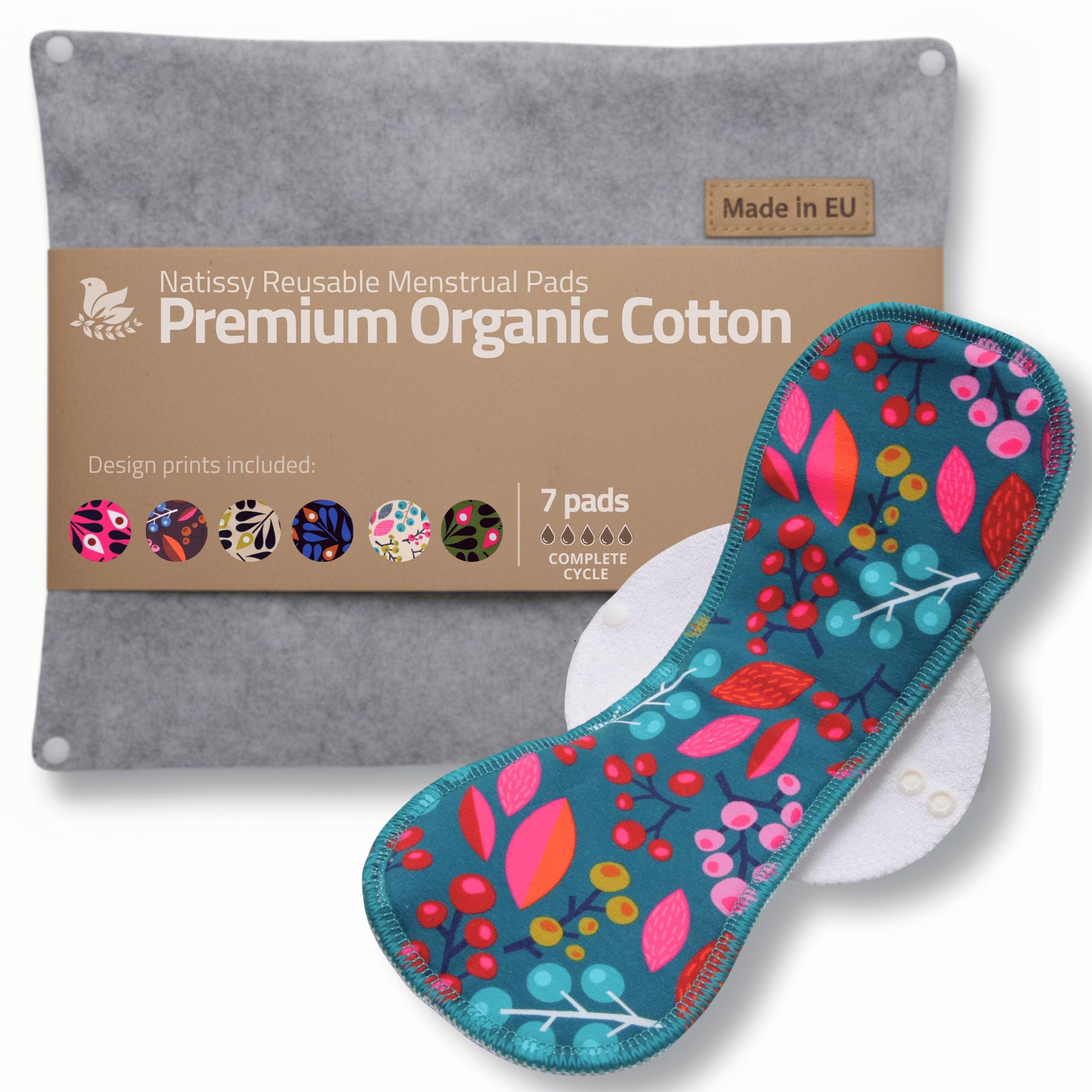 Made in EU – Reusable Sanitary Pads for Light to Heavy Flow - 7 Pack (S, M, L & XL) – High-Temp Washable Cloth Period Pads for Women – Ultra Soft Organic Cotton & Secure Fit for Menstrual Comfort