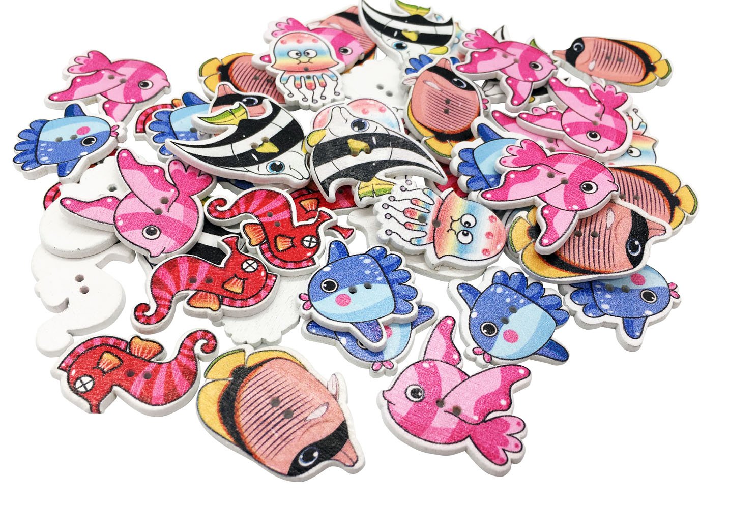 Wooden Buttons,Creative Novelty Mixed Random Fashion Round 2 Holes Buttons for Sewing Crafting Scrapboo,Cartoon Fish-Shaped Pattern Decorative Button 25-30mm Pack of 50 (Multi-Fish)