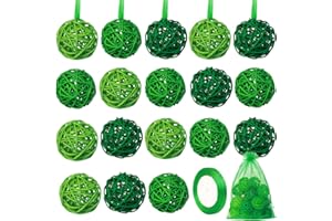 AWEYKA 18 Pieces 2 Inch Wicker Rattan Balls Decorative Orbs St Patricks Day Bowl Vase Filler with Yarn Bag and Ribbon for Decorating DIY Crafts, Saint Patricks Table Centerpiece Decor (Green Mint Dark-Green)