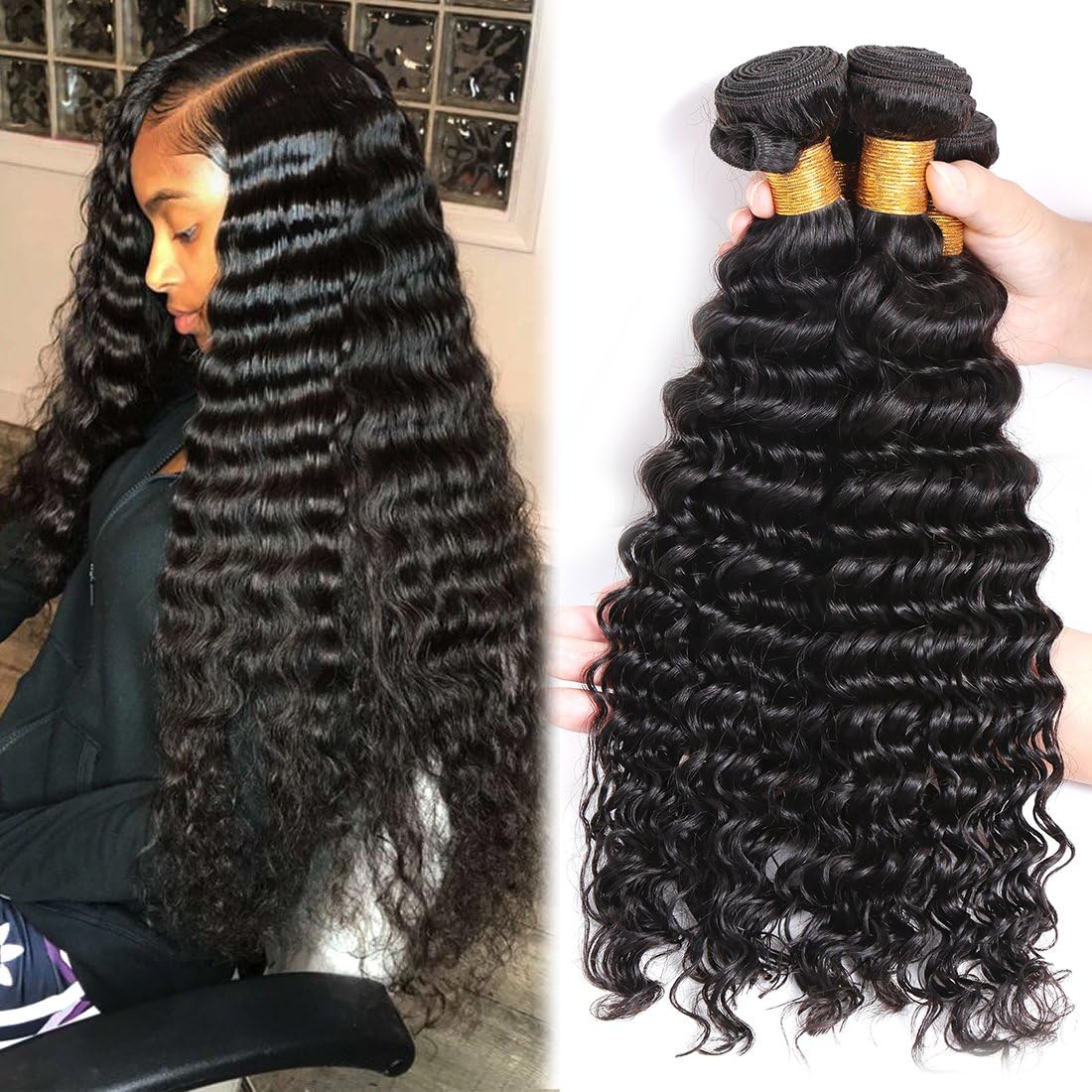 Brazilian Human Hair Deep Wave 3 Bundles 100% Unprocessed Virgin Brazilian Deep Curly Hair Weave Bundles Natural Color Total 300g (14 16 18inch)