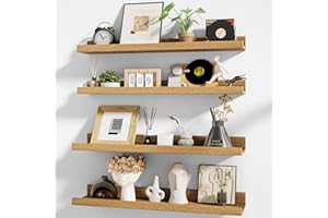 Heimlove Picture Ledge Shelf,24 inch Long Floating Shelves for Wall Set of 4,Picture Shelf with Lip for Wall Decor,Living Room,Bedroom,Bookshelf,Nursery,Perfume,Oak Color