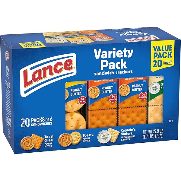 LANCE SANDWICH CRACKERS, VARIETY PACK, 3 FLAVORS, 20 INDIVIDUALLY WRAPPED PACKS, 6 SANDWICHES EACH