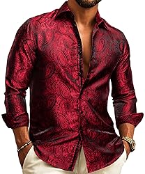 Barry.Wang Red Men Shirt Silk Paisley Long Sleeve
