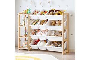 MallBest Kids Toy Storage Organizer with Bookshelf – Wooden Toy Bin Organizer with 12 Storage Bins & 3-Tier Shelf, Toy Shelf 