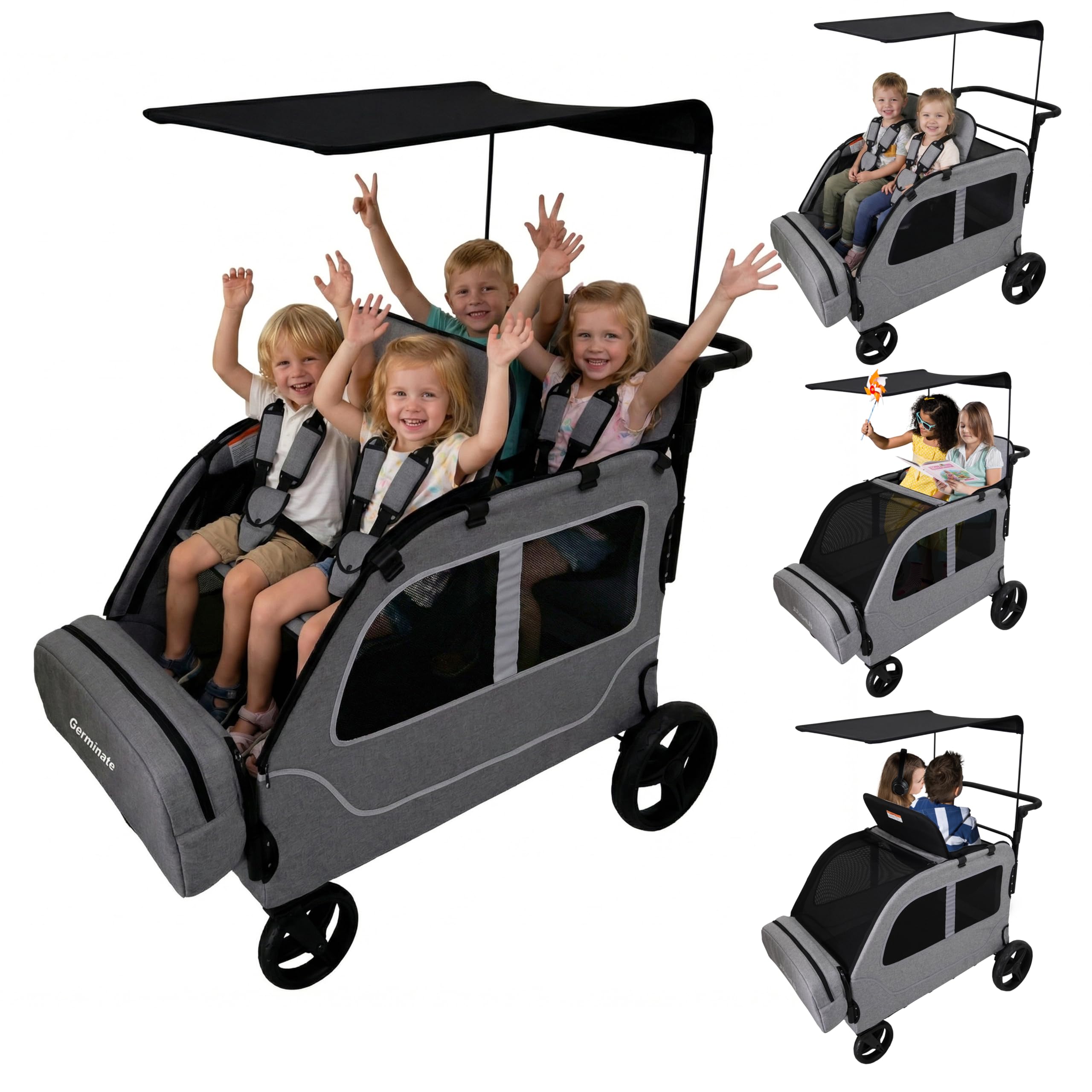 Photo 1 of Germinate 4 Seater Wagon Stroller, Large Quad Wagon for 2 3 4 Kids Baby Toddler Child with Seats, All Terrain, Triple Stroller, Adjustable Push/Pull Handles, Removable Canopy (Dark Grey)