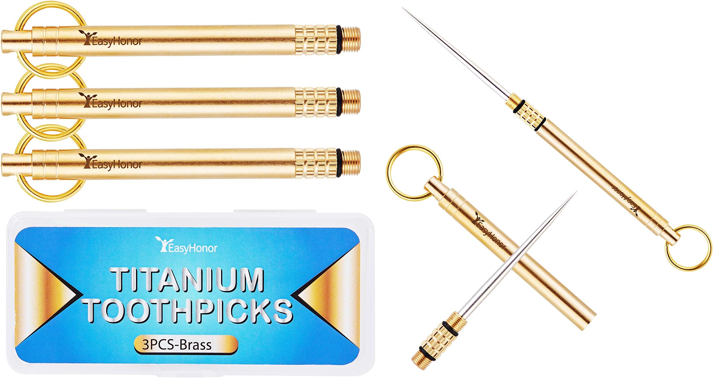 EasyHonor Integrated Titanium Toothpicks,3 PCS Brass Pocket Toothpicks for teeth, Portable Metal Toothpick Holder with Key Ring, for Outdoor Picnic and Camping