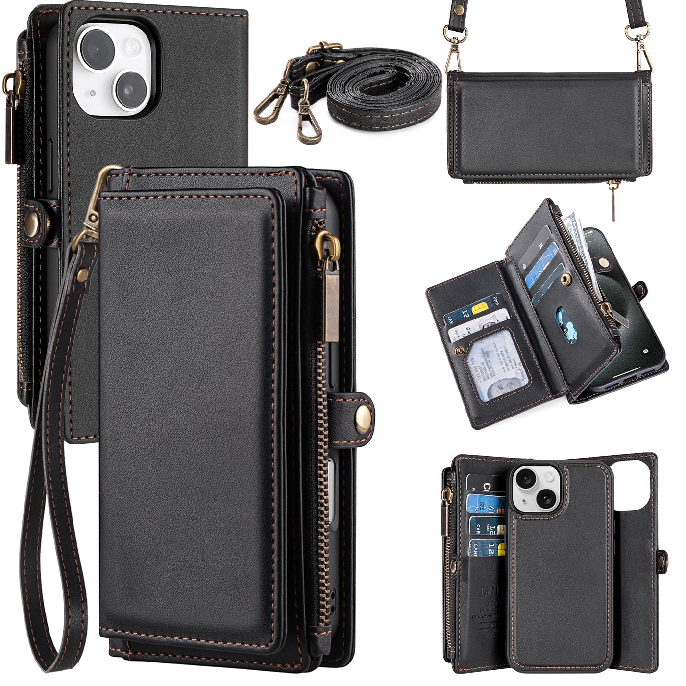 MInCYB for iPhone 15 MagSafe Wallet Case – Detachable Magnetic Wallet with RFID Blocking, PU Leather Zipper & Strap for Women Men. Black