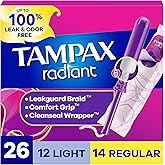 Tampax Radiant Tampons Multipack, with LeakGuard Braid, Light/Regular Absorbency, Unscented, 26 Count, Packaging May Vary