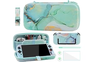 FANPL Cute Case Bundle for Nintendo Switch 2 Accessories, Travel Carrying Cover for Switch 2 with Hard Glitter Skin, Adjustable Strap, Screen Protector, Thumb Grip Caps (Green Marble)