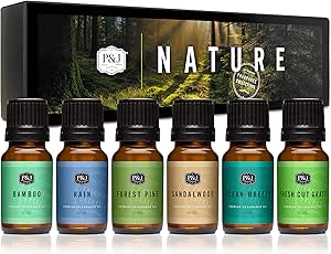 P&amp;J Trading Nature Set of 6 Premium Grade Fragrance Oils - Forest Pine, Ocean Breeze, Rain, Fresh Cut Grass, Sandalwood, Bamboo - 10ml