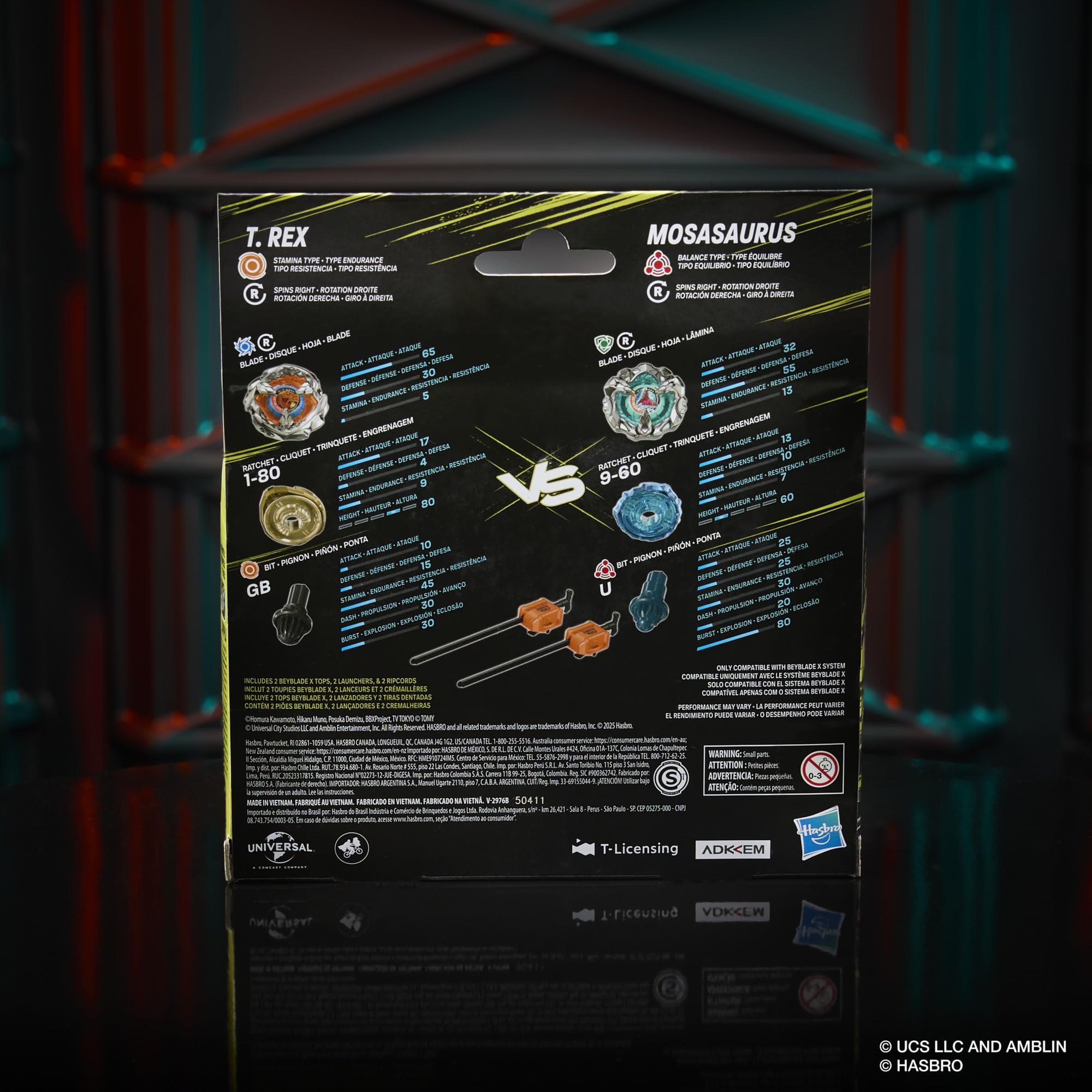 Beyblade X Jurassic World Collab T. Rex vs. Mosasaurus Multipack Set, 2 Takara Tomy Tops, 2 launchers, Battling Top Game, Dinosaur Toys, Ages 8+