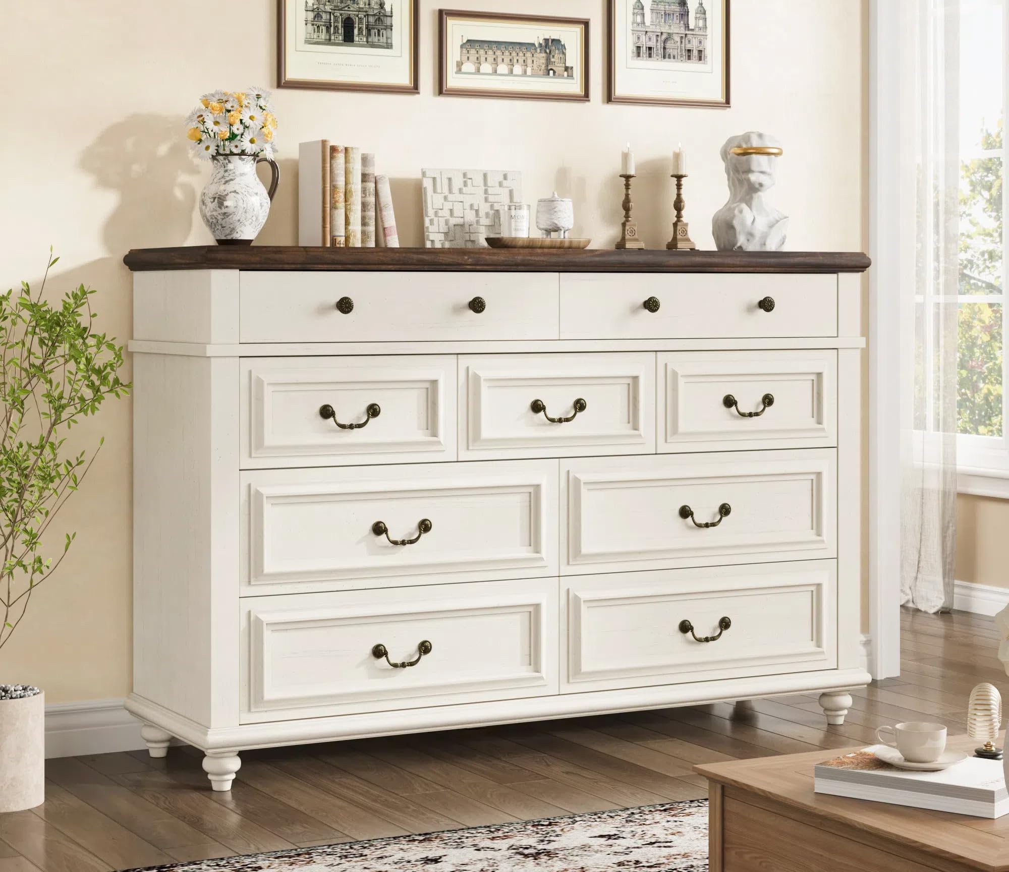 Photo 1 of Jocoevol Cream Farmhouse Dresser for Bedroom, 9 Drawer Chest of Drawers, Tall Dressers for Bedroom Storage, Dresser for Closet, Dressers & Chests of Drawers (Cream, 53.5" Wide)
