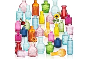 Anquephd 32 Pcs Bulk Colored Glass Bud Vases - Vintage Embossed Flower Vases for Home Decor, Wedding Table Centerpieces & Gif