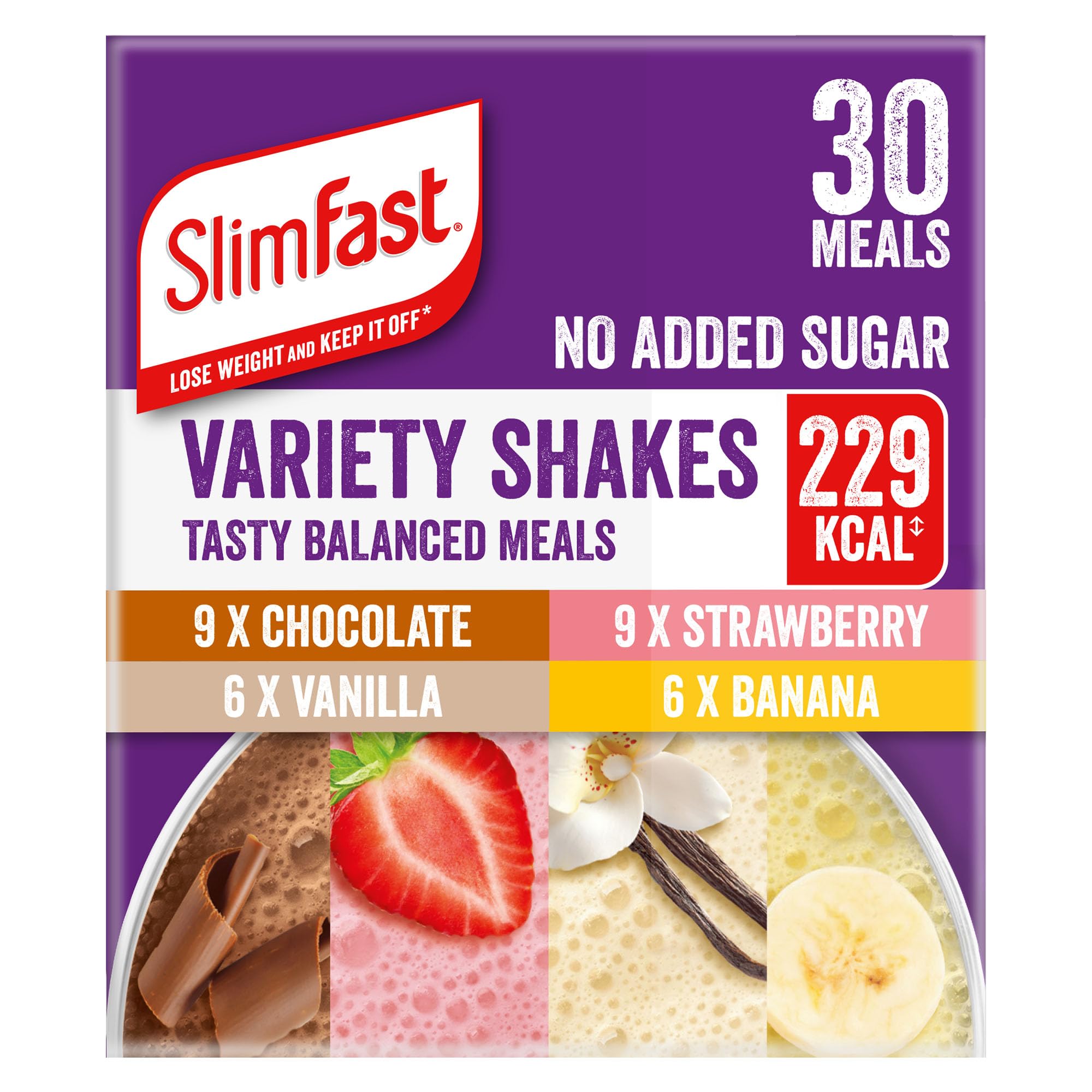 SlimFast Variety Shakes Sachet Assorted Box, Tasty Shakes for Balanced Diet, Chocolate, Strawberry, Vanilla and Banana Flavours, 10 Count (Pack of 3)