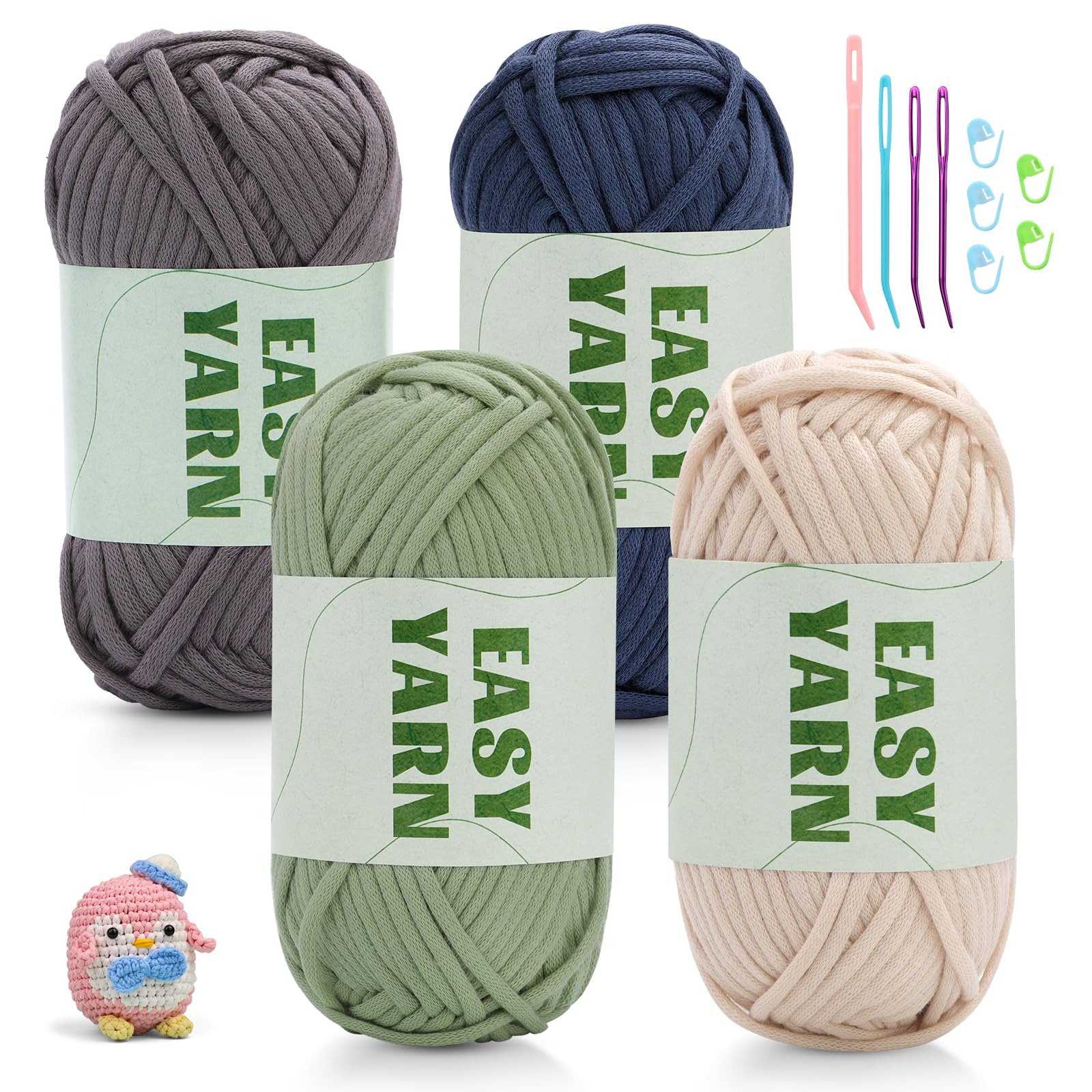 4x50g Crochet Yarn, Chunky Yarn for Crochet, Easy Cotton Yarns for Crochets with Easy-to-See Stitches, Stitch Markers, Easy Crochet Starter Kit for Beginners Blue Green Beige Gray