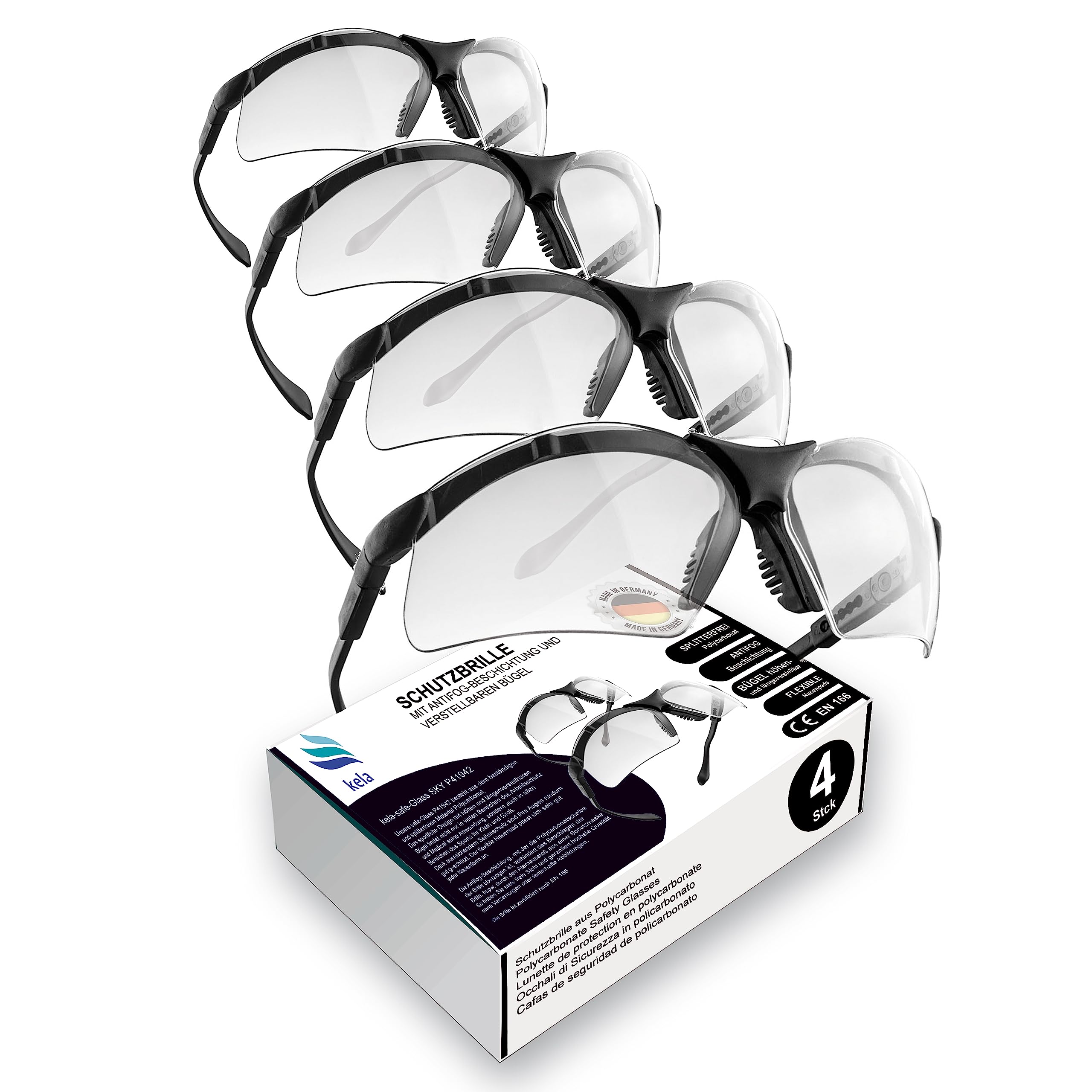 kela 4x Safety Glasses SKY | 100% Made in Germany | Shatterproof, Scratch-Resistant work safety goggles with integrated side protection, sports glasses | Height- and length adjustable temples