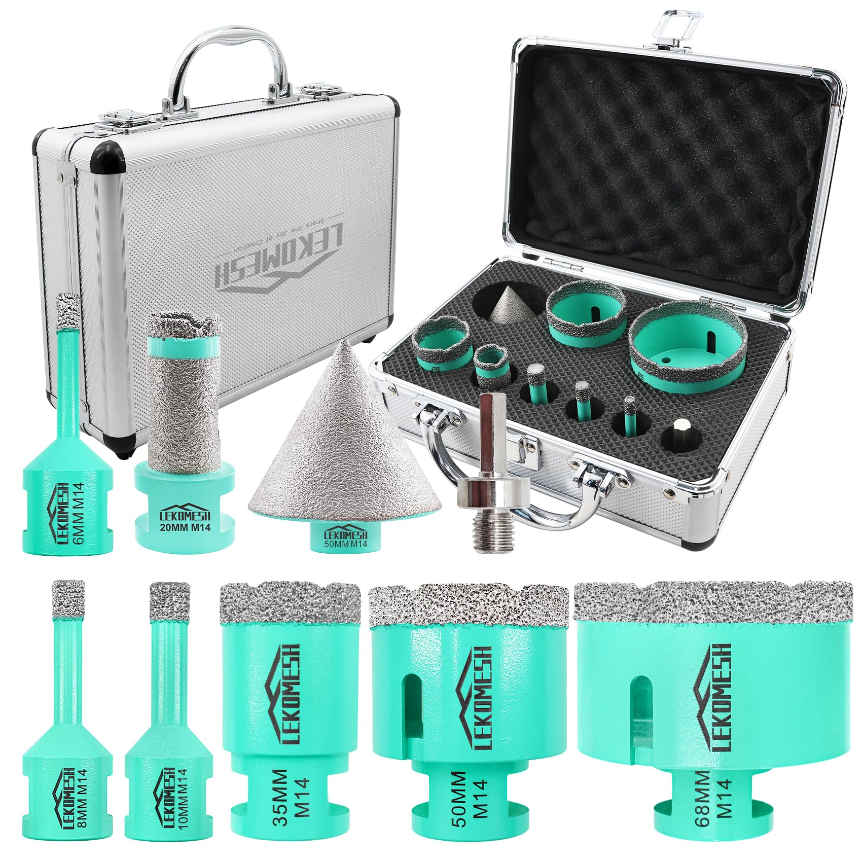 LEKOMESH Tile Drill Bits Kit - 9pcs (6/8/10/35/50/68mm+20mm Drilling Milling Bit+50mm Beveling Chamfer Bit+Adapter) Hole Saw Kit for Porcelain Tile Ceramic Granite Marble Masonry Stone — image 1