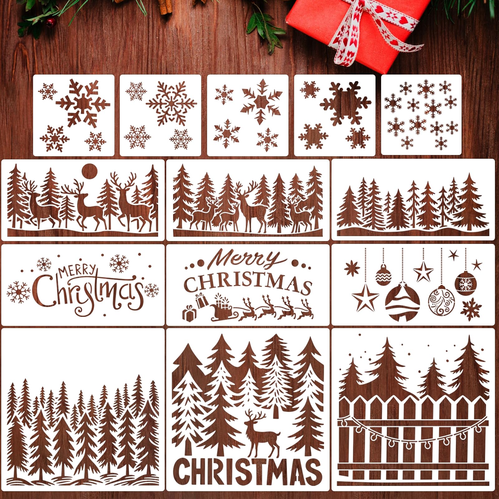 Photo 1 of 14 Pcs Large Christmas Stencils for Painting, Reusable Plastic Holiday Craft Templates, Christmas Window Stencils for Wood, Wall, Fabric & Doormat, DIY Snowflake Deer Forest Christmas Decorations