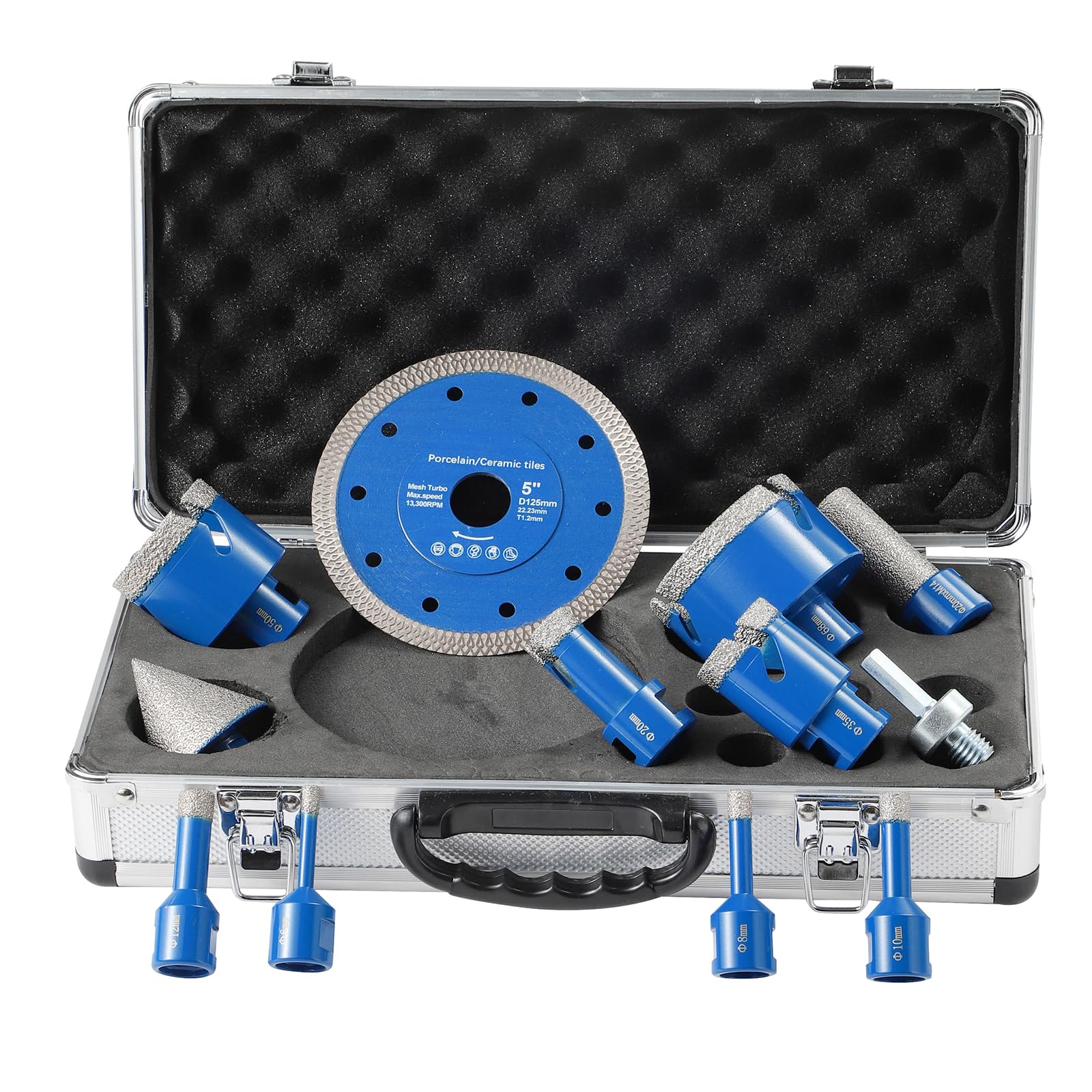 DWIKE 12tlg Diamant Fliesenbohrer Set 6/8/10/12/20/35/50/68mm M14 Diamant Bohrkrone Lochsäge mit 125mm Trennscheibe mit 50mm Fasenbohrer ein Adapter Für Winkelschleifer Lochsäge Set Granit Fliesen 7