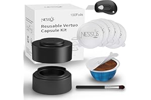 Nessus Reusable Kit for Nespresso Pods Vertuo, Reuse Old Coffee Pods for Nespresso Vertuo: 100 Pcs Aluminum Foil Seal Lid, Holder, Brush, Refillable Vertuo Plus Next Capsule Machine(No Pods Come)