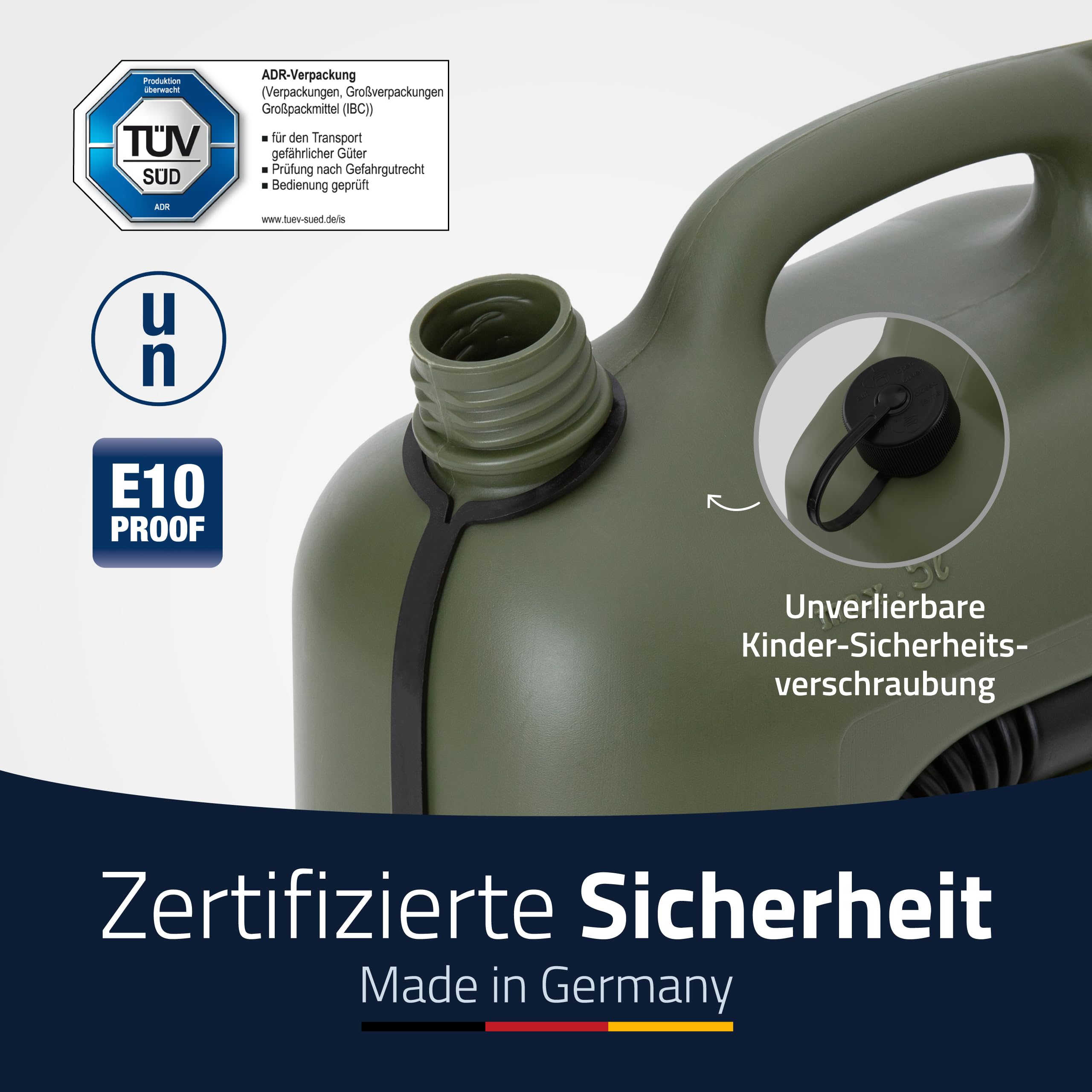 Hünersdorff Kraftstoff-Kanister Profi 5L für Benzin, Diesel und andere Gefahrgüter, UN-Zulassung, Made in Germany, TÜV-geprüfte Produktion, oliv 6