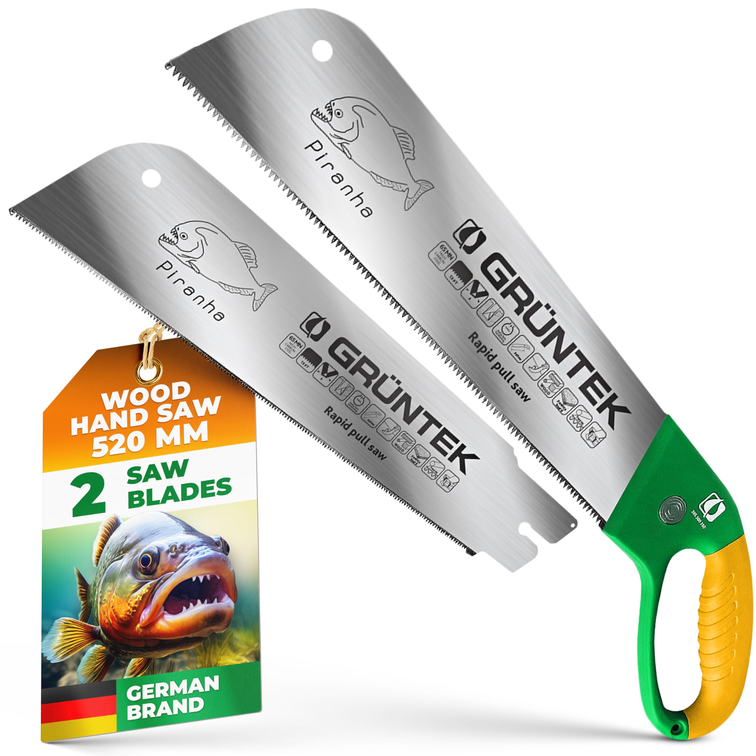 GRÜNTEK Piranha Japanese Hand Saw – 2 Pull-Cut Blades for Coarse & Fine Cuts (8 & 13 TPI) – Garden & Woodworking Saw, 350 mm Blade, Ergonomic Handle