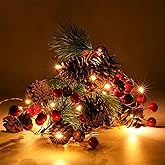 Luditek Christmas Garland with Lights, Red Berry Pine Cone 6.5FT 20 LED Garland Lights Battery Operated, led Garland String Lights, Christmas Decorations Indoor for Home Fireplace Mantel Xmas Decor