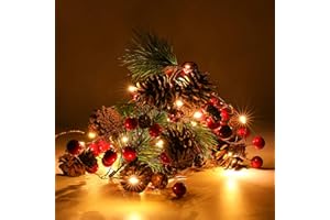 Luditek Christmas Garland with Lights, Red Berry Pine Cone 6.5FT 20 LED Garland Lights Battery Operated, led Garland String Lights, Christmas Decorations Indoor for Home Fireplace Mantel Xmas Decor