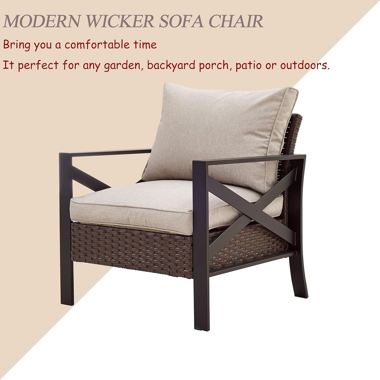 LOKATSE HOME Outdoor Patio Furniture Modern Wicker Sofa Chair Rattan Conversation Single Armchair with Cushion, Brown : Garden & Outdoor
