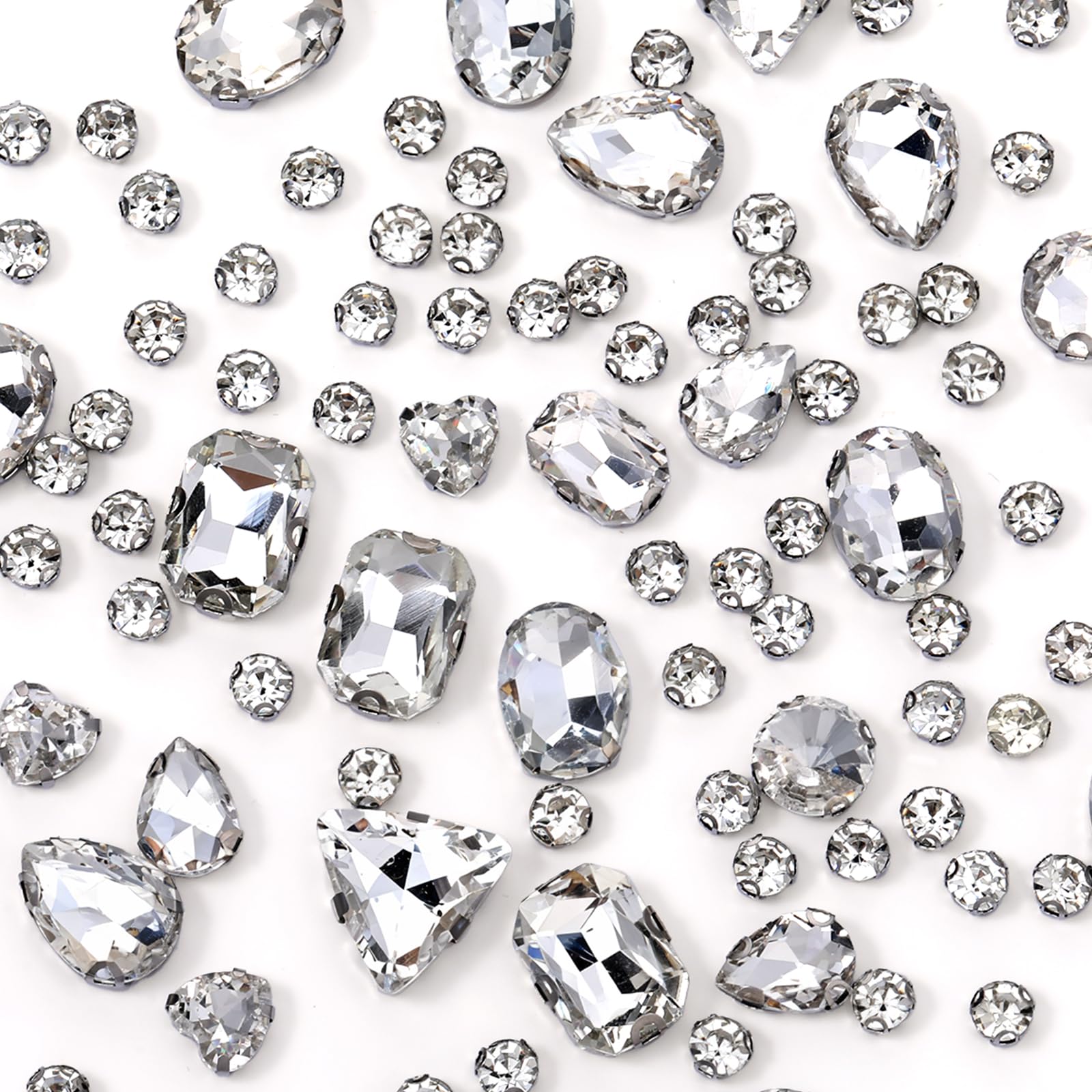 Qianyu 130 PCS White Flat Back Sew on Rhinestones Crystal Clear Mixed Shapes Glass Crystal Rhinestones with Sewing Holes Non-Stick Round Gems for Jewelry Making Costumes Clothes Garment