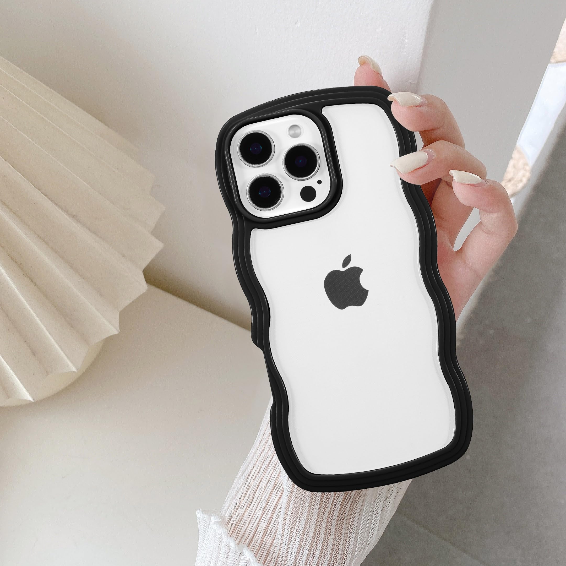 QLTYPRI Compatible with iPhone 16 Pro Case, Cute Curly Wave Frame Clear Case for Girls Women, Transparent Soft Silicone TPU Bumper Shockproof Protective Phone Cover for iPhone 16 Pro - Black — image 1